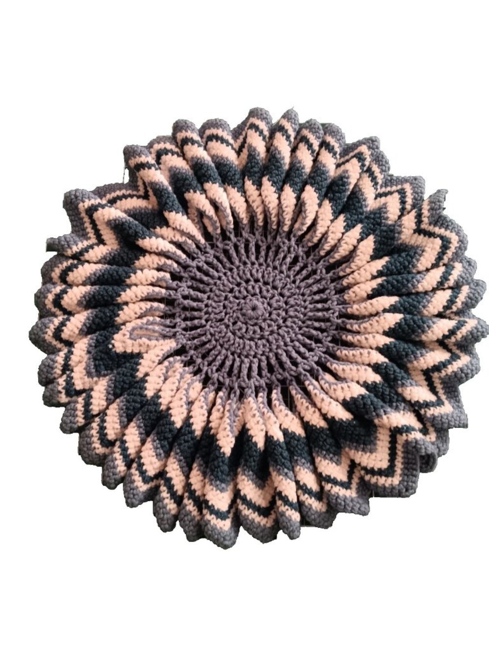 Crochet Doily Thick Round Pleated Blue and White 17" Country Cottage Core Style